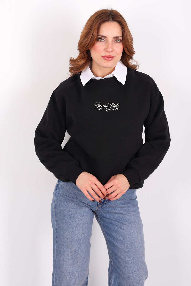 Sporty Club Baskılı Siyah Kadın Üç İp Sweatshirt - 1