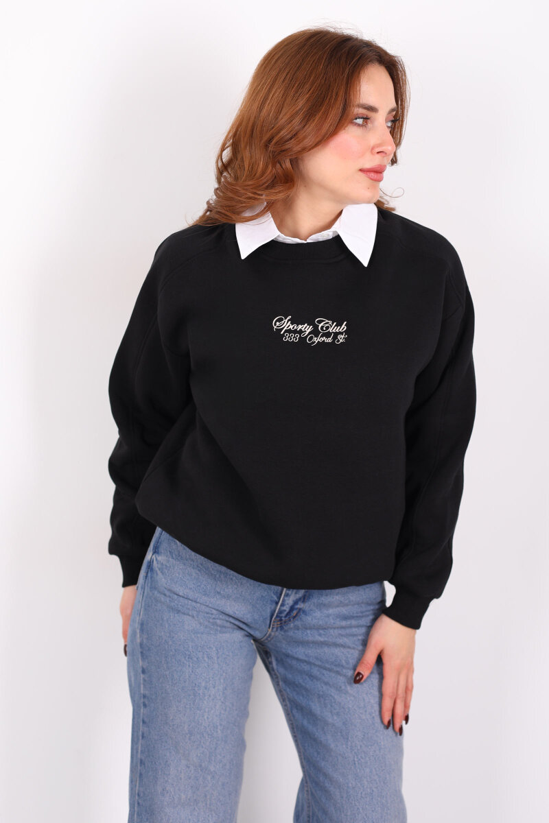 Sporty Club Baskılı Siyah Kadın Üç İp Sweatshirt - 4