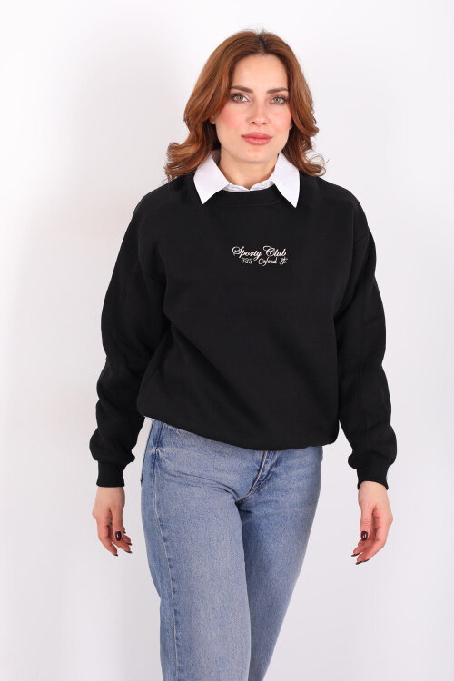 Sporty Club Baskılı Siyah Kadın Üç İp Sweatshirt - 3