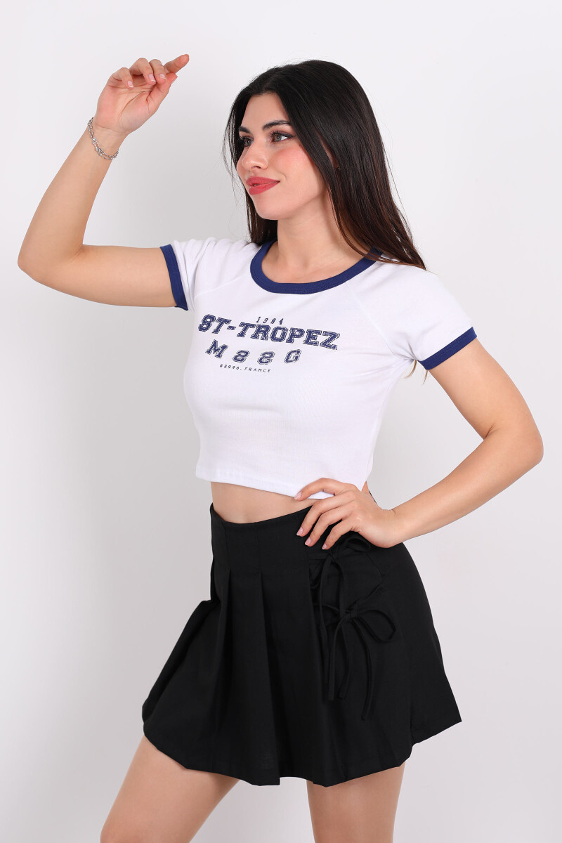 ST- Tropez Baskılı Bisiklet Yaka Beyaz Kadın Crop - 3
