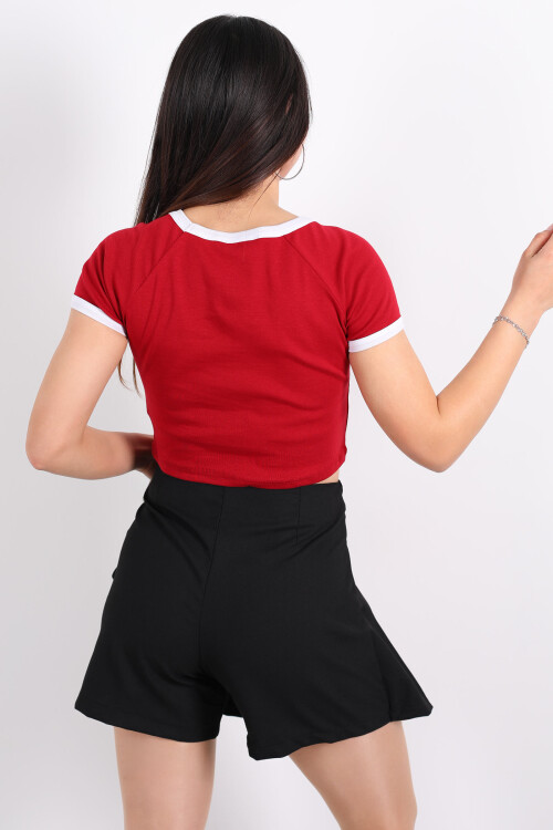 ST- Tropez Baskılı Bisiklet Yaka Kırmızı Kadın Crop - 4