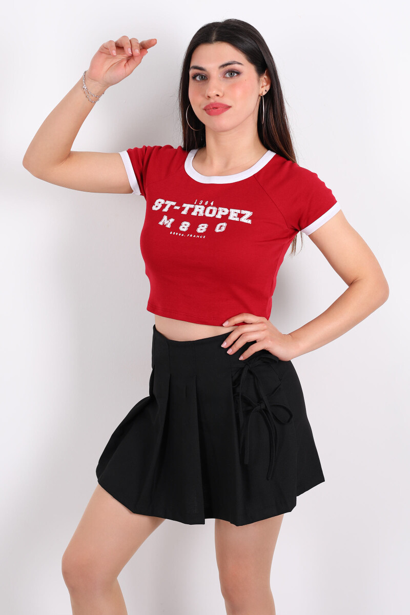 ST- Tropez Baskılı Bisiklet Yaka Kırmızı Kadın Crop - 1