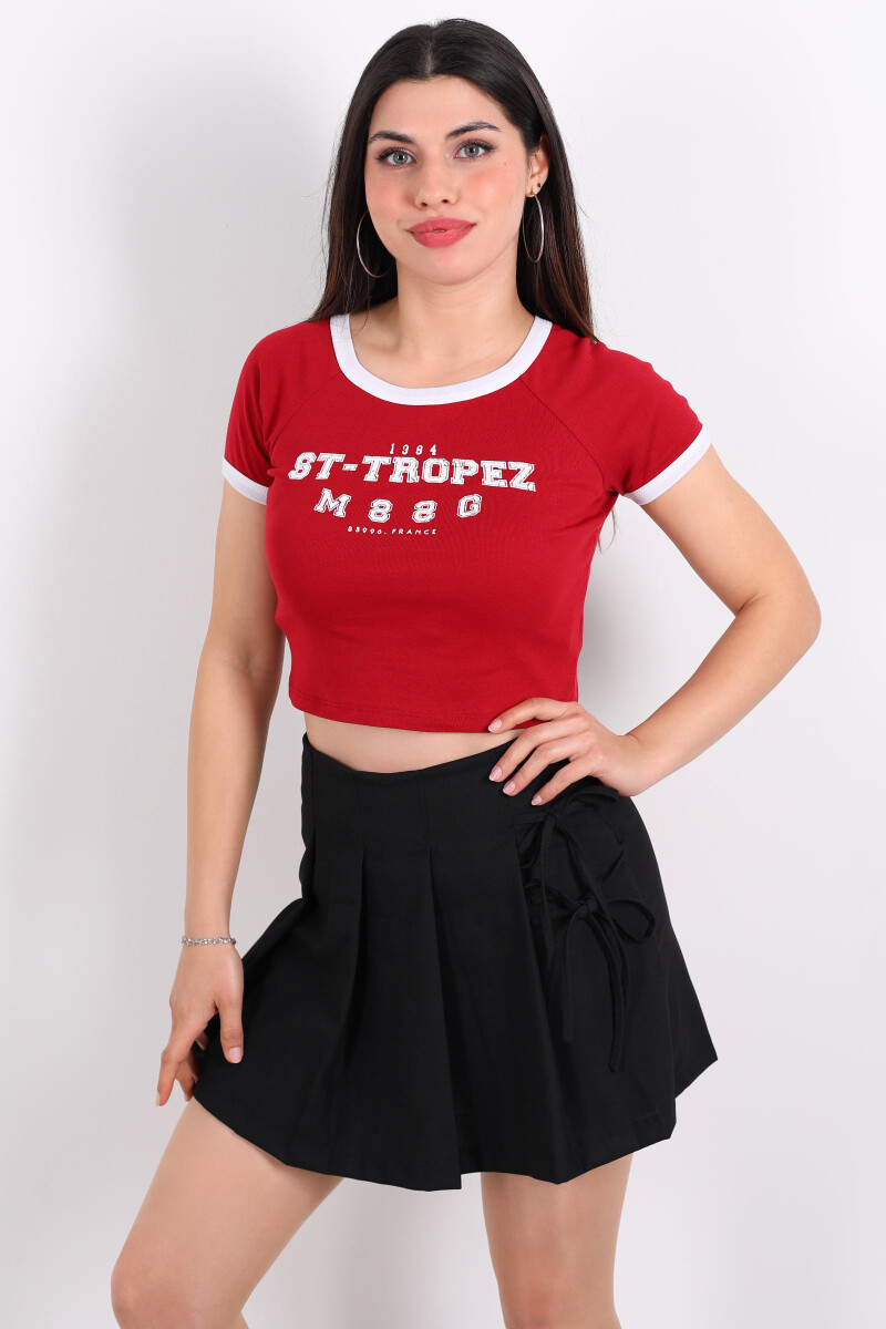ST- Tropez Baskılı Bisiklet Yaka Kırmızı Kadın Crop - 3