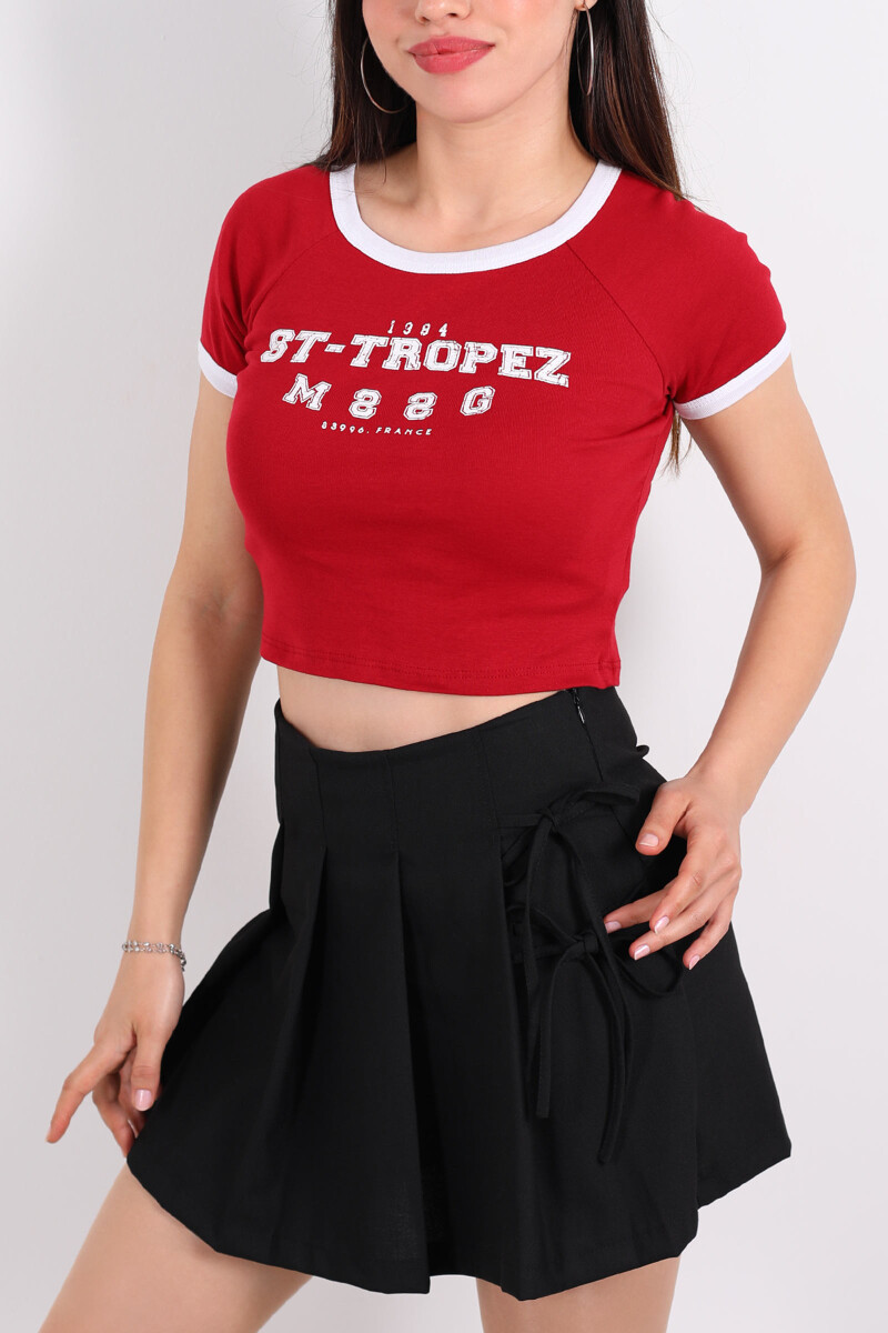 ST- Tropez Baskılı Bisiklet Yaka Kırmızı Kadın Crop - 2