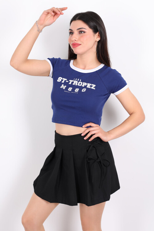ST- Tropez Baskılı Bisiklet Yaka Lacivert Kadın Crop 