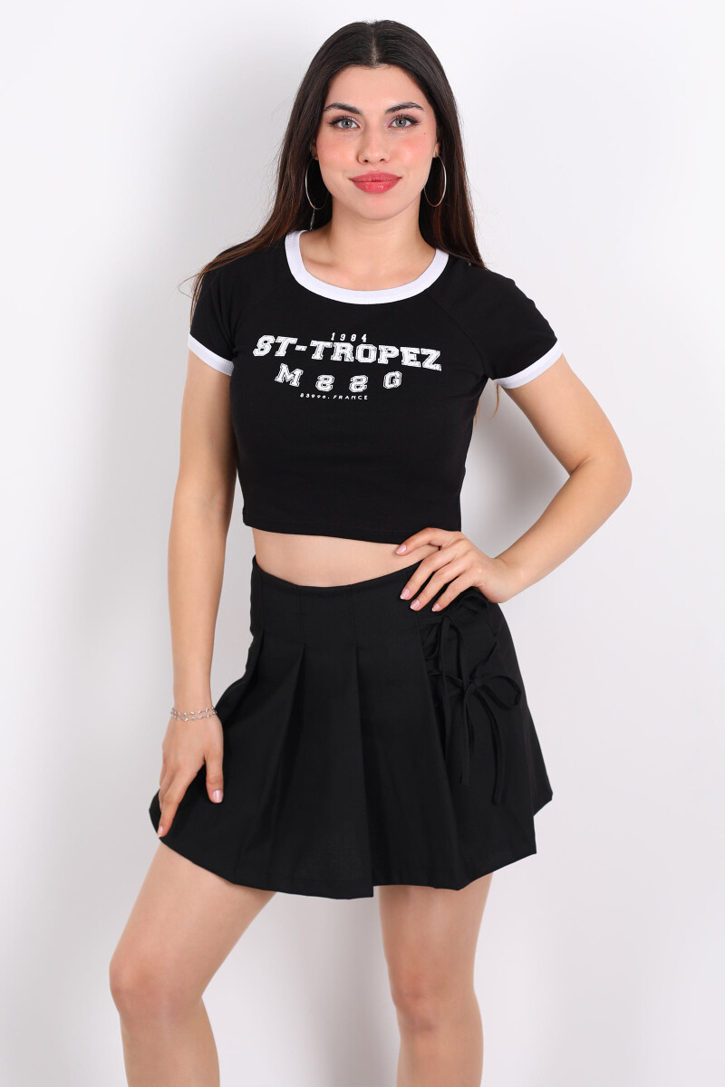 ST- Tropez Baskılı Bisiklet Yaka Siyah Kadın Crop - 3