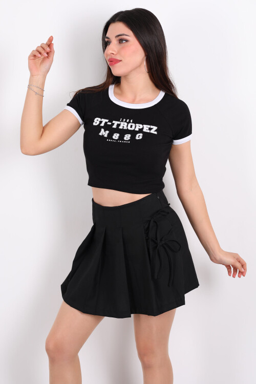 ST- Tropez Baskılı Bisiklet Yaka Siyah Kadın Crop - 1