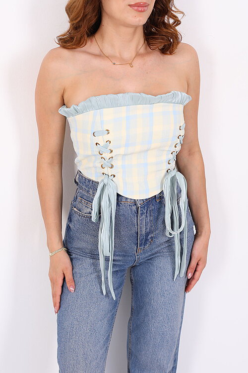 Straplez Bağlamalı Tasarım Desen Bebe Mavi Kadın Korse Crop - Berox (1)