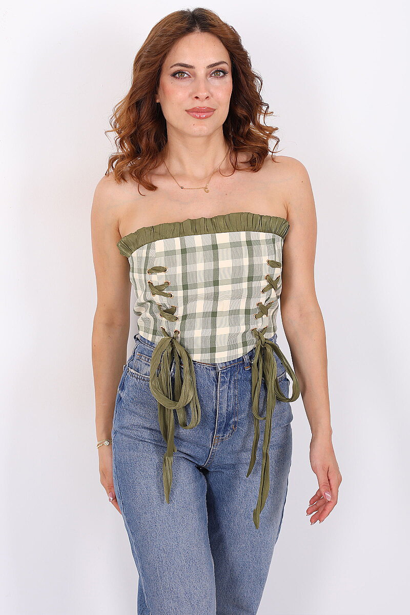 Straplez Bağlamalı Tasarım Desen Haki Kadın Korse Crop - 6