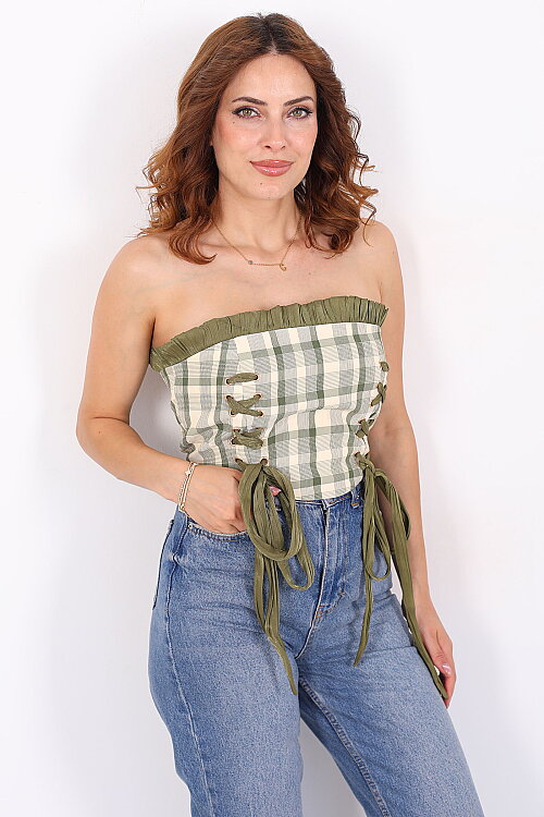 Straplez Bağlamalı Tasarım Desen Haki Kadın Korse Crop - 4