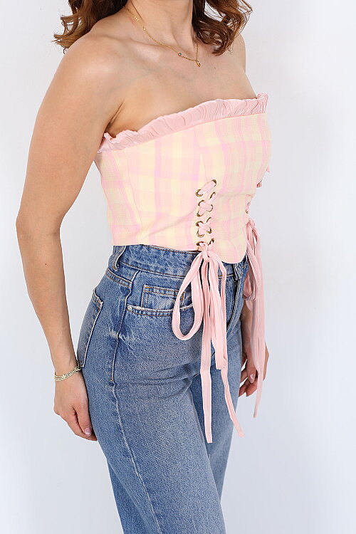 Straplez Bağlamalı Tasarım Desen Pembe Kadın Korse Crop - Berox (1)