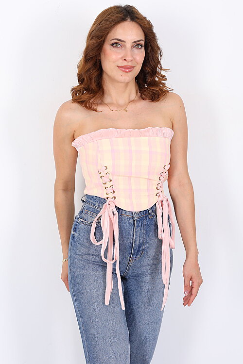 Straplez Bağlamalı Tasarım Desen Pembe Kadın Korse Crop - 4