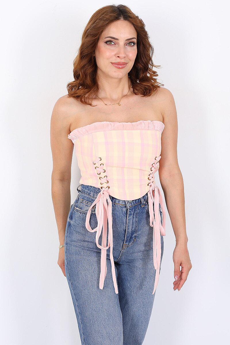 Straplez Bağlamalı Tasarım Desen Pembe Kadın Korse Crop - 4