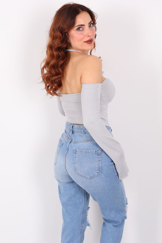 Straplez Göğüs Büzgülü İspanyol Kol Crop Gri Kadın Bluz - 2