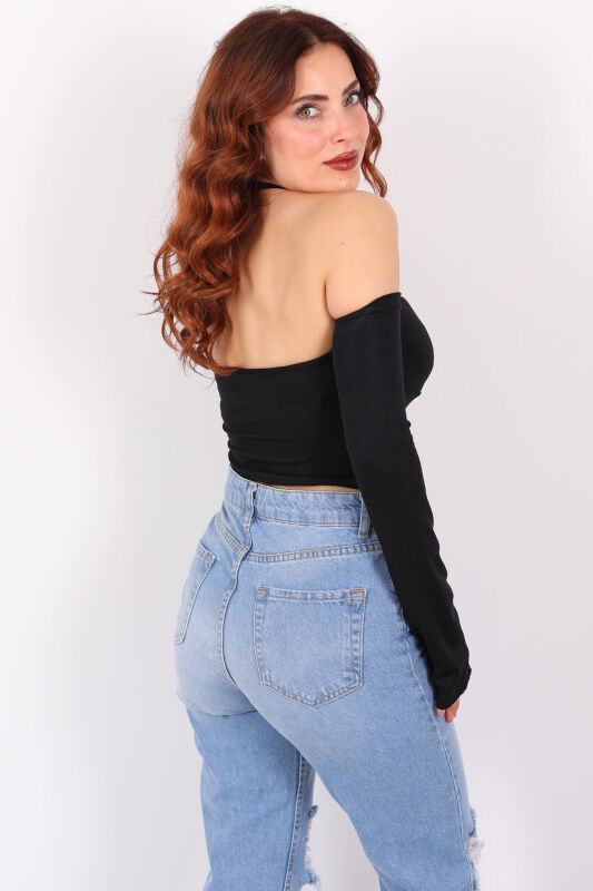 Straplez Göğüs Büzgülü İspanyol Kol Crop Siyah Kadın Bluz - 2