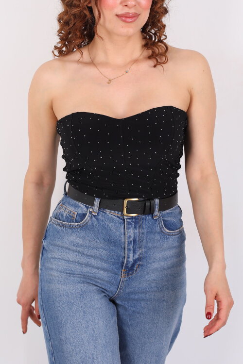 Straplez Korse Kesim Taşlı Fermuarlı Siyah Kadın Büstiyer - Berox (1)