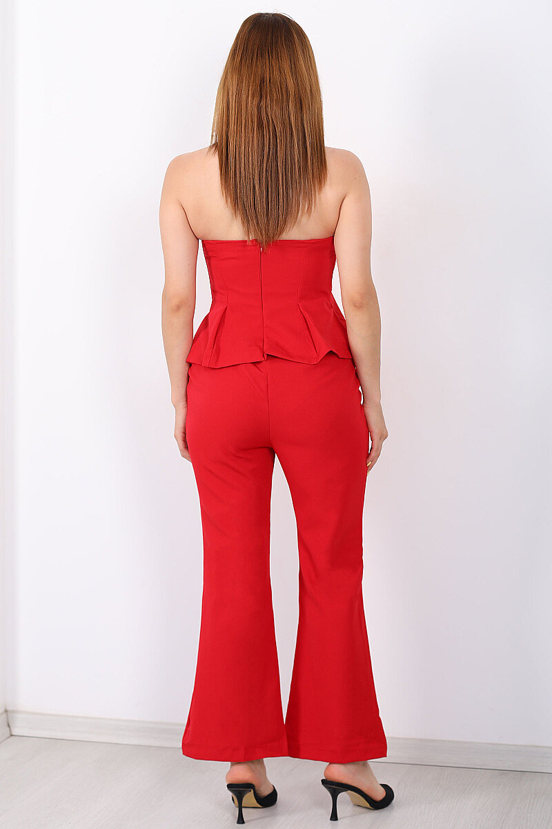 Straplez Peplum Önü Çimalı Kırmızı Kadın Tulum - 7