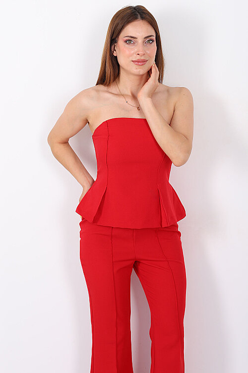 Straplez Peplum Önü Çimalı Kırmızı Kadın Tulum - Berox