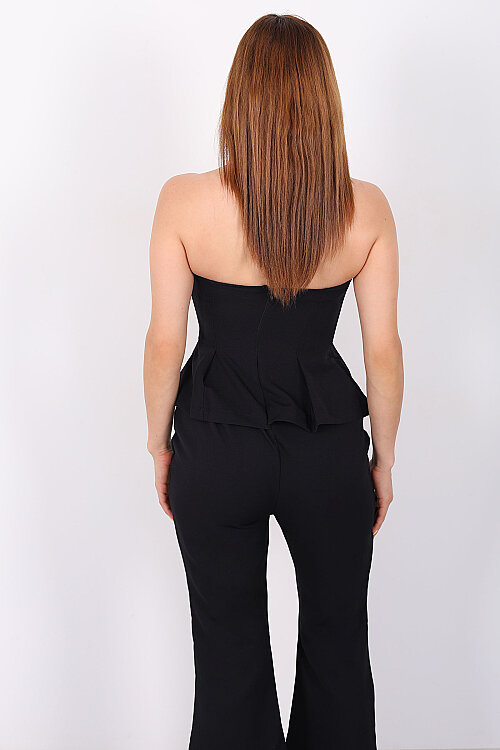 Straplez Peplum Önü Çimalı Siyah Kadın Tulum - 5