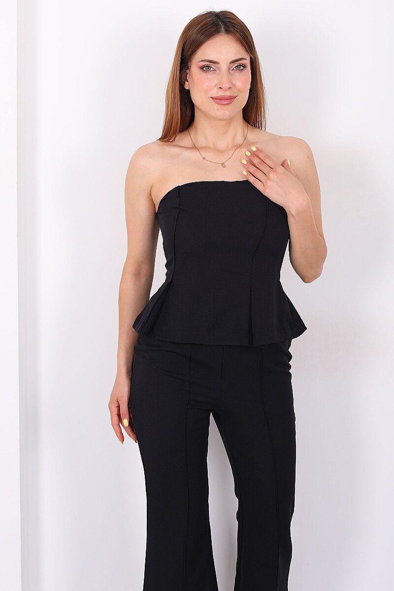 Straplez Peplum Önü Çimalı Siyah Kadın Tulum - 3