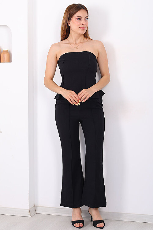 Straplez Peplum Önü Çimalı Siyah Kadın Tulum - 4