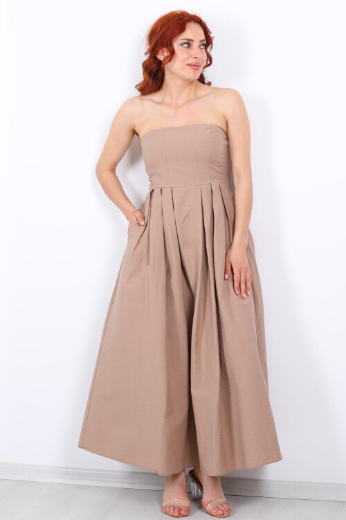 Straplez Pileli Kloş Maxi Kahvrengi Kadın Elbise - 5