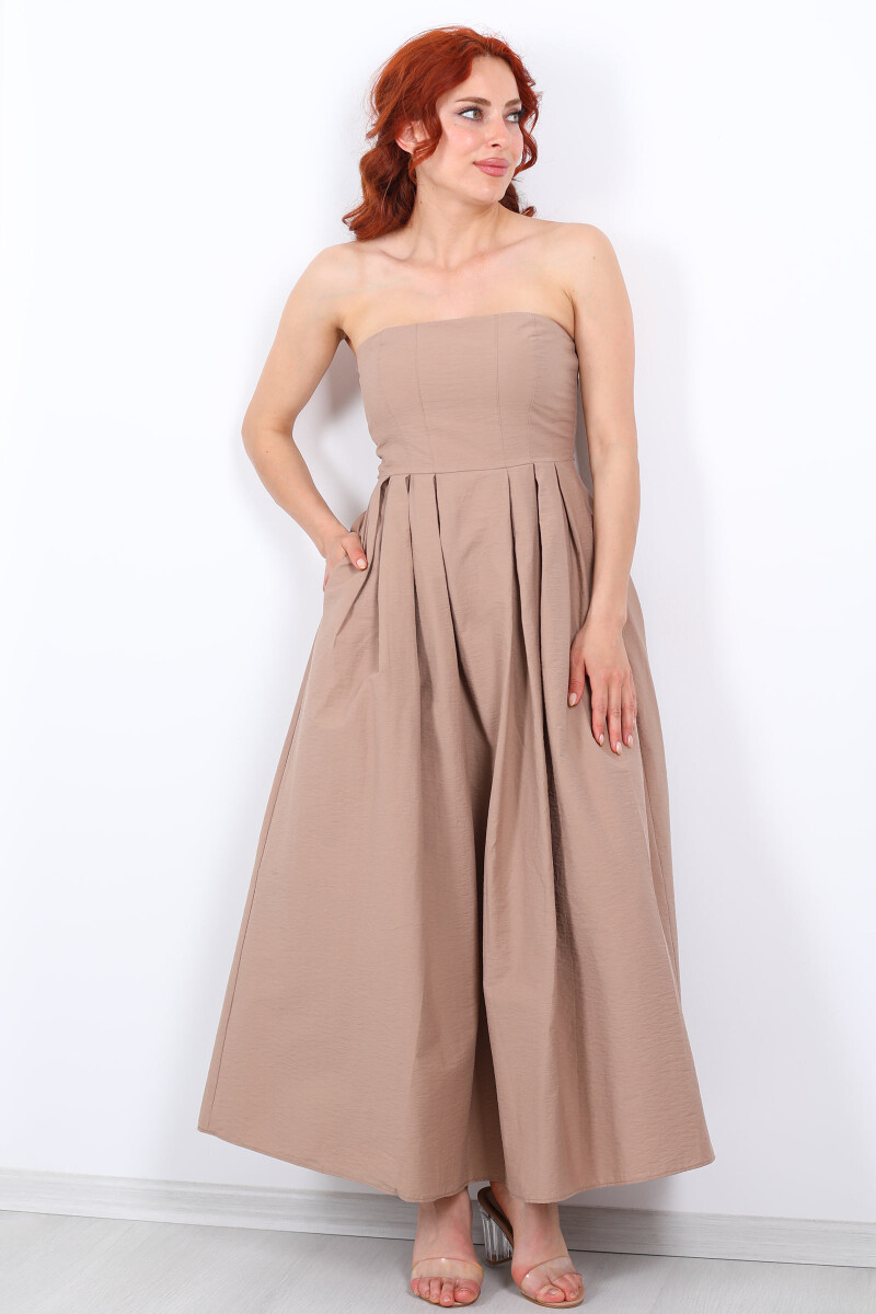Straplez Pileli Kloş Maxi Kahvrengi Kadın Elbise - 5