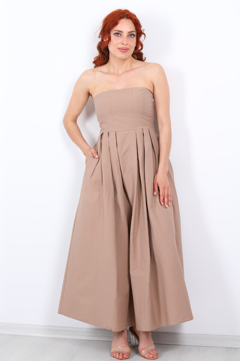 Straplez Pileli Kloş Maxi Kahvrengi Kadın Elbise - 3