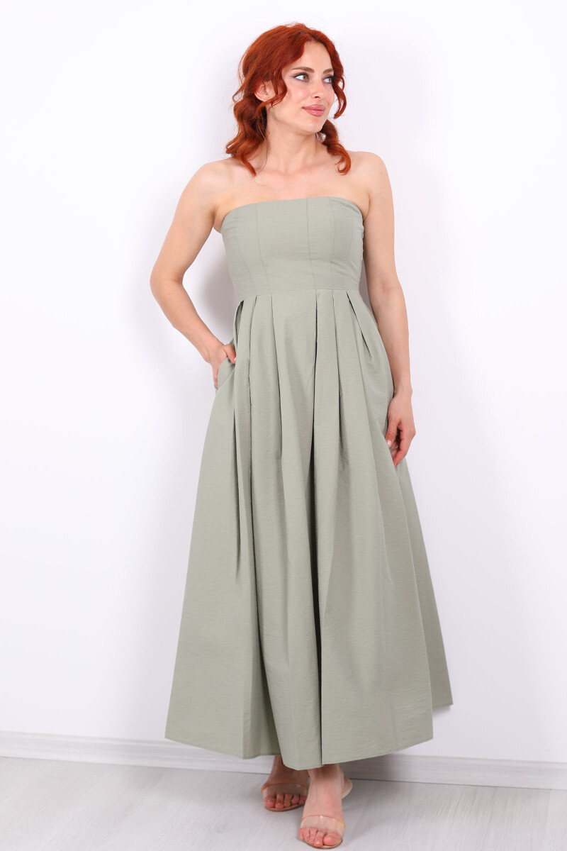 Straplez Pileli Kloş Maxi Mint Yeşili Kadın Elbise - 4