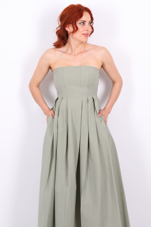 Straplez Pileli Kloş Maxi Mint Yeşili Kadın Elbise - 3
