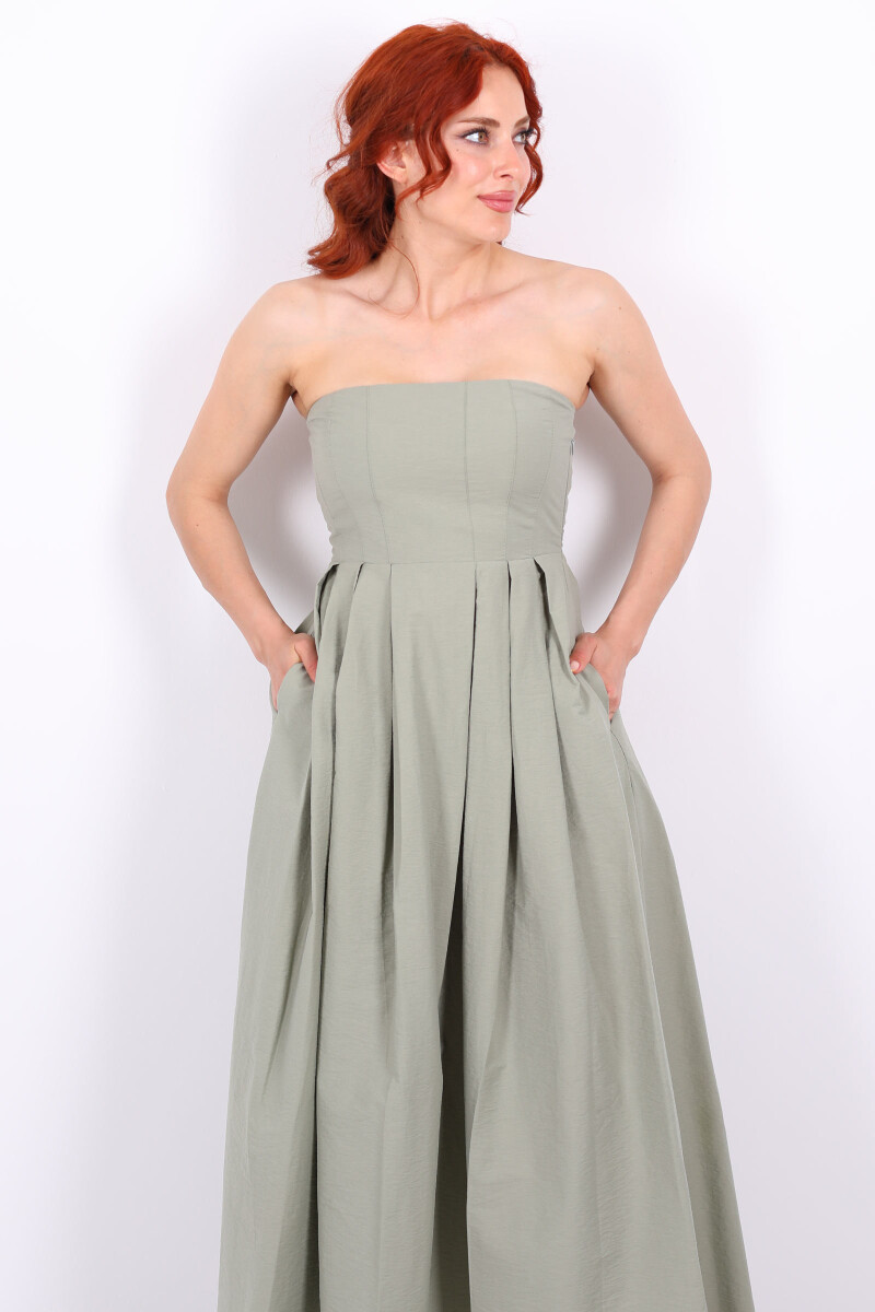 Straplez Pileli Kloş Maxi Mint Yeşili Kadın Elbise - 3