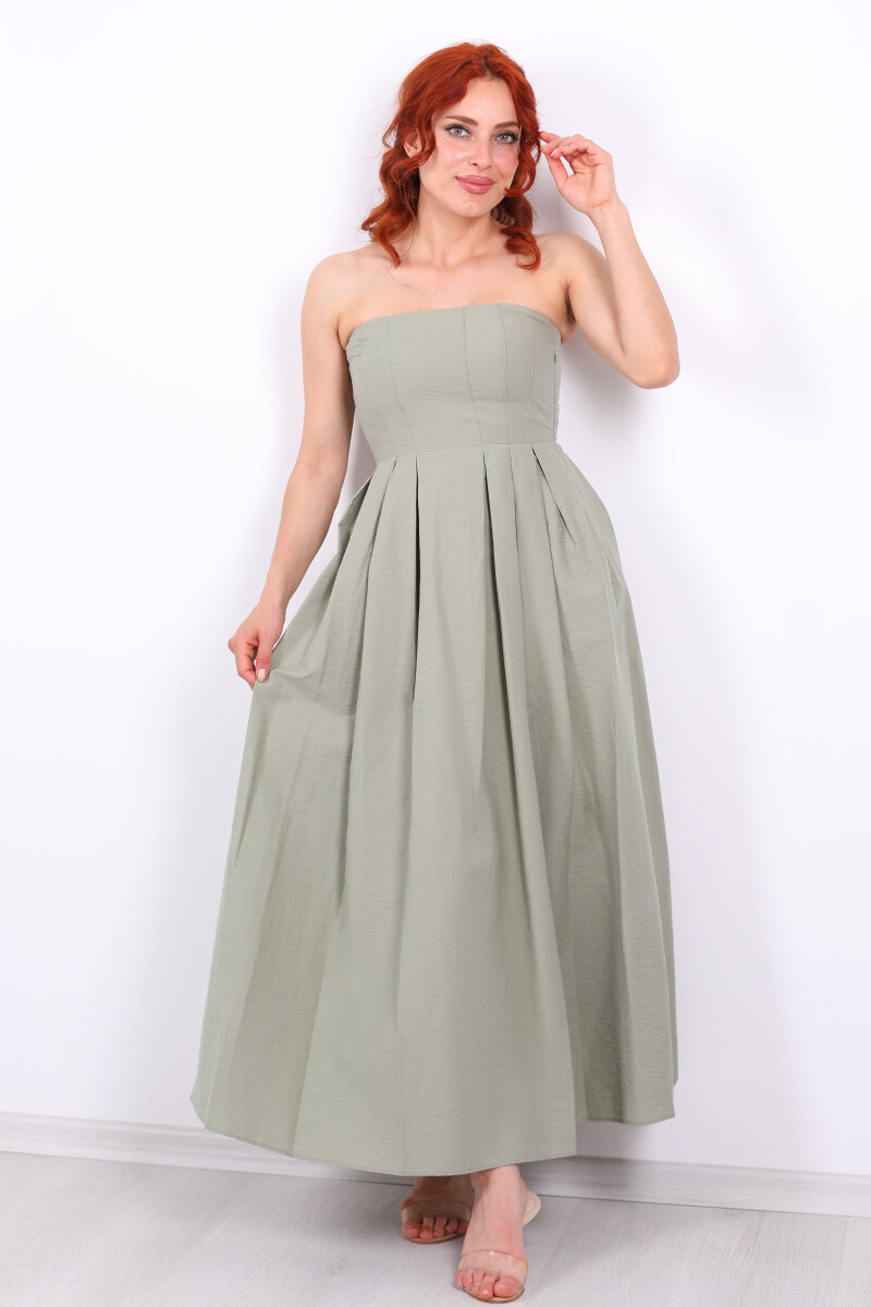 Straplez Pileli Kloş Maxi Mint Yeşili Kadın Elbise - 1