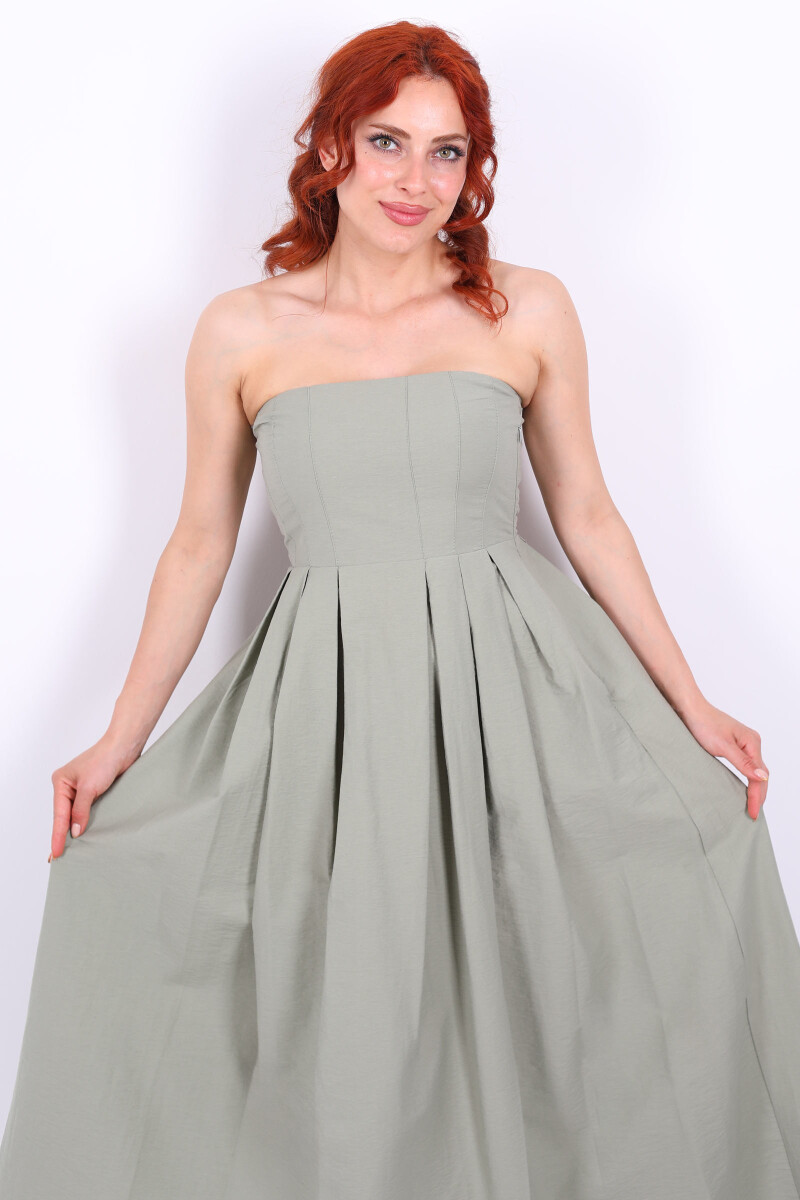 Straplez Pileli Kloş Maxi Mint Yeşili Kadın Elbise - 7