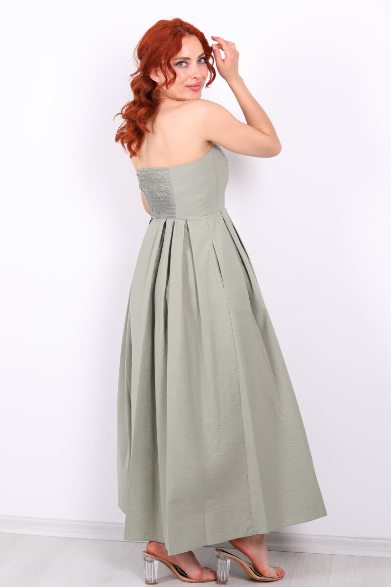 Straplez Pileli Kloş Maxi Mint Yeşili Kadın Elbise - 5