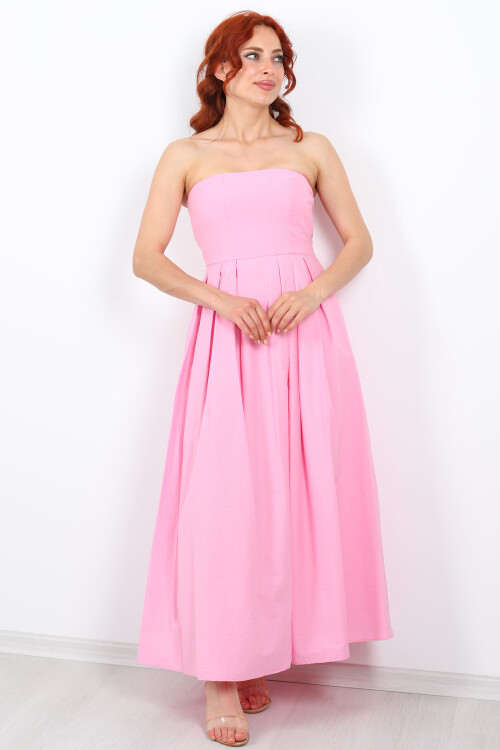 Straplez Pileli Kloş Maxi Pembe Kadın Elbise - 3