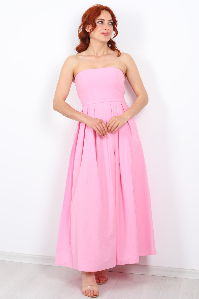 Straplez Pileli Kloş Maxi Pembe Kadın Elbise - 3