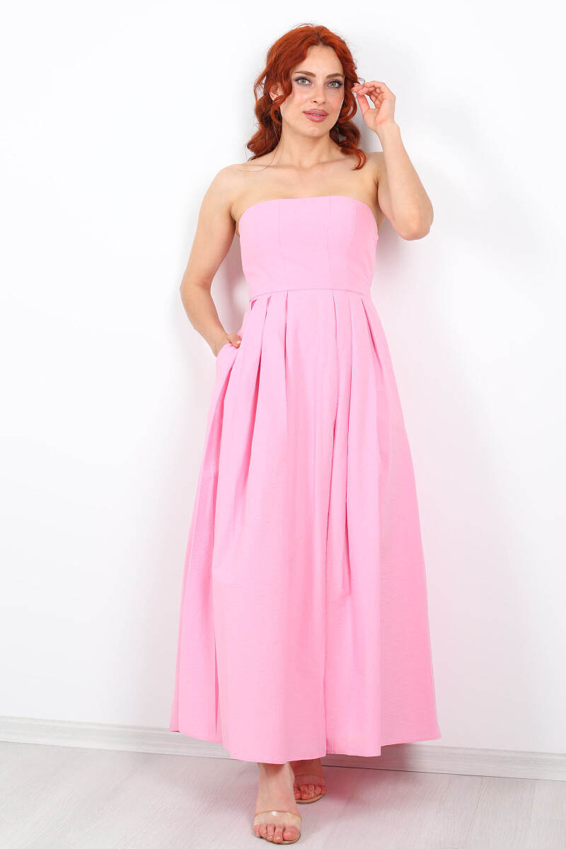 Straplez Pileli Kloş Maxi Pembe Kadın Elbise - 5