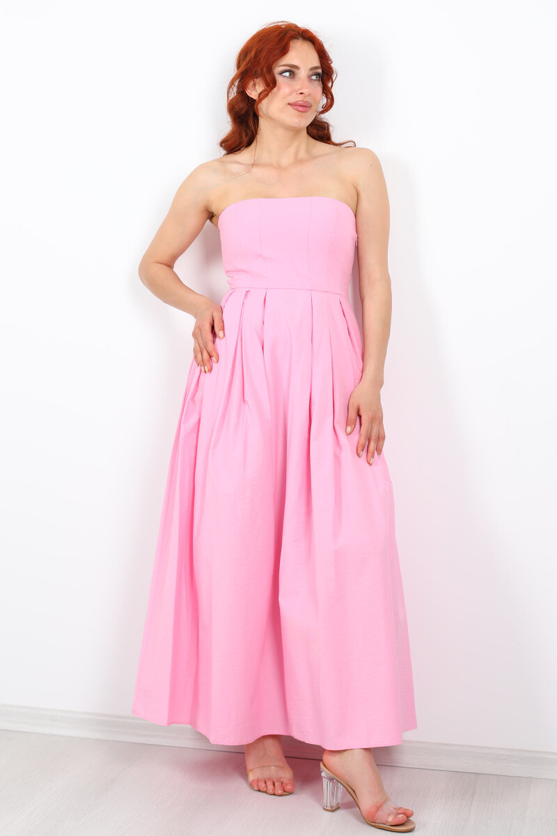 Straplez Pileli Kloş Maxi Pembe Kadın Elbise - 7
