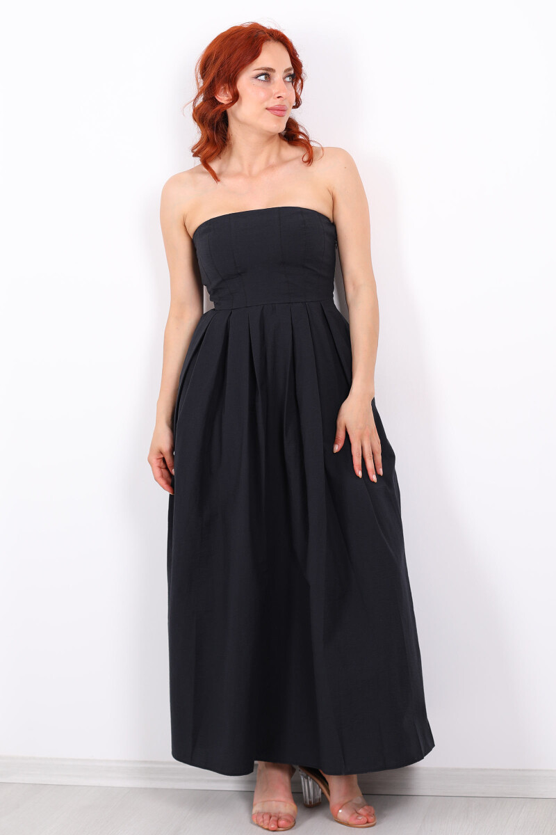 Straplez Pileli Kloş Maxi Siyah Kadın Elbise - 7