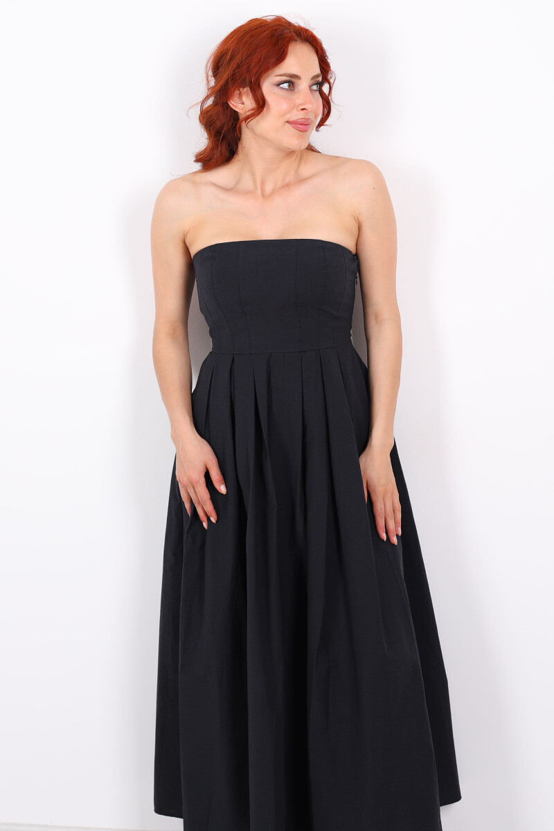 Straplez Pileli Kloş Maxi Siyah Kadın Elbise - 6