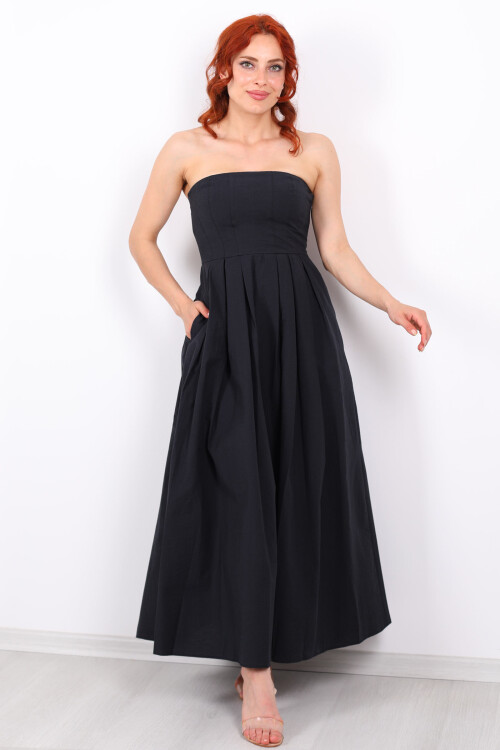 Straplez Pileli Kloş Maxi Siyah Kadın Elbise - 4
