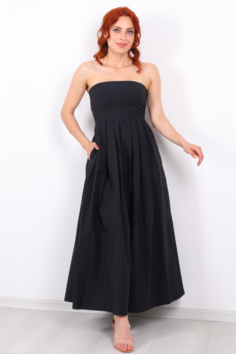 Straplez Pileli Kloş Maxi Siyah Kadın Elbise - 4