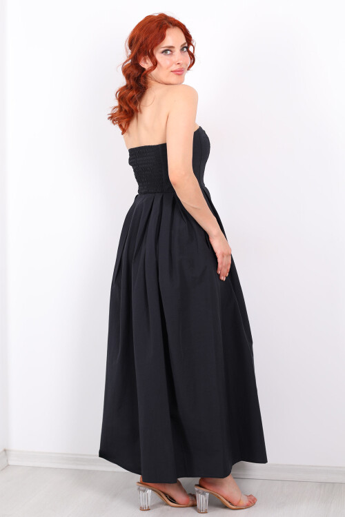 Straplez Pileli Kloş Maxi Siyah Kadın Elbise - 5