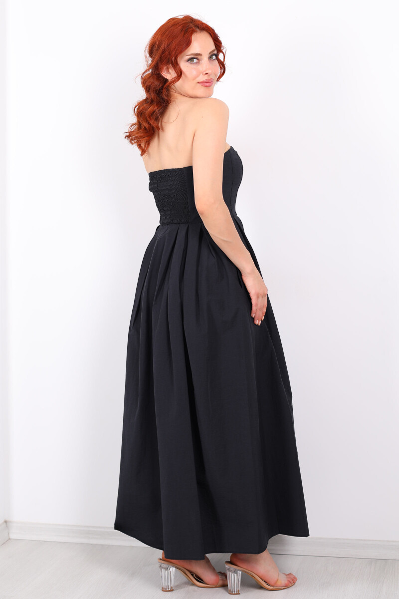 Straplez Pileli Kloş Maxi Siyah Kadın Elbise - 5