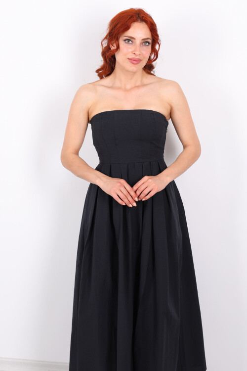Straplez Pileli Kloş Maxi Siyah Kadın Elbise - 3