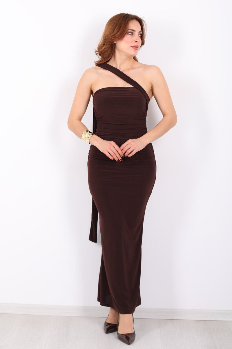 Straplez Şal Detaylı Kahverengi Kadın Drapeli Elbise - 5