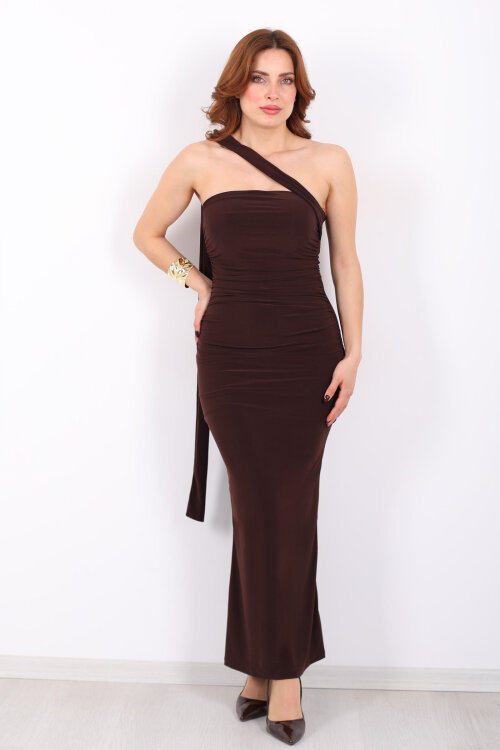 Straplez Şal Detaylı Kahverengi Kadın Drapeli Elbise - 3