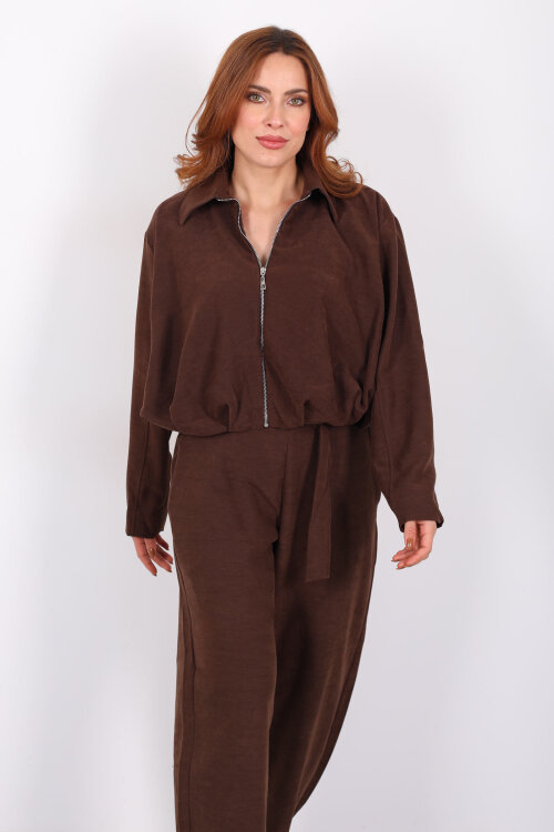 Süet Kadın Kahverengi Ceket Pantolon Takım - 7