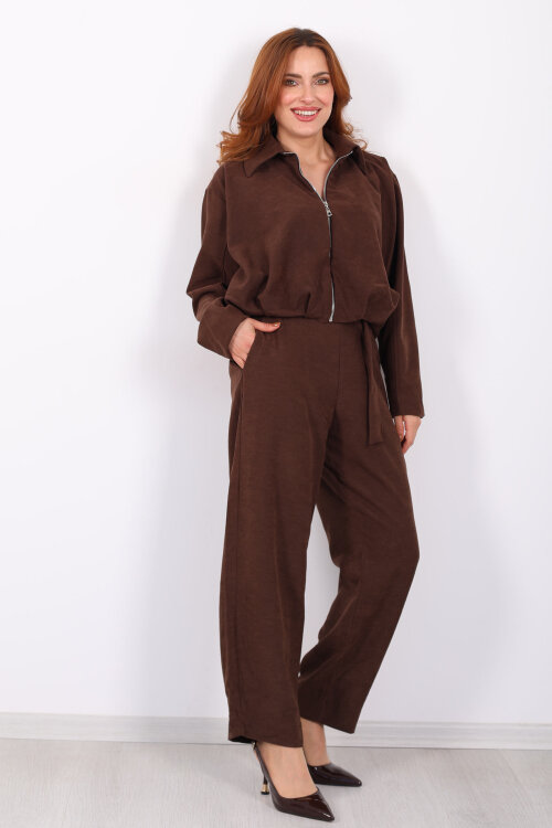 Süet Kadın Kahverengi Ceket Pantolon Takım - 8