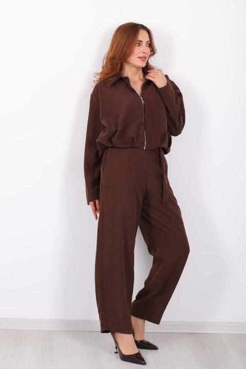 Süet Kadın Kahverengi Ceket Pantolon Takım - 5